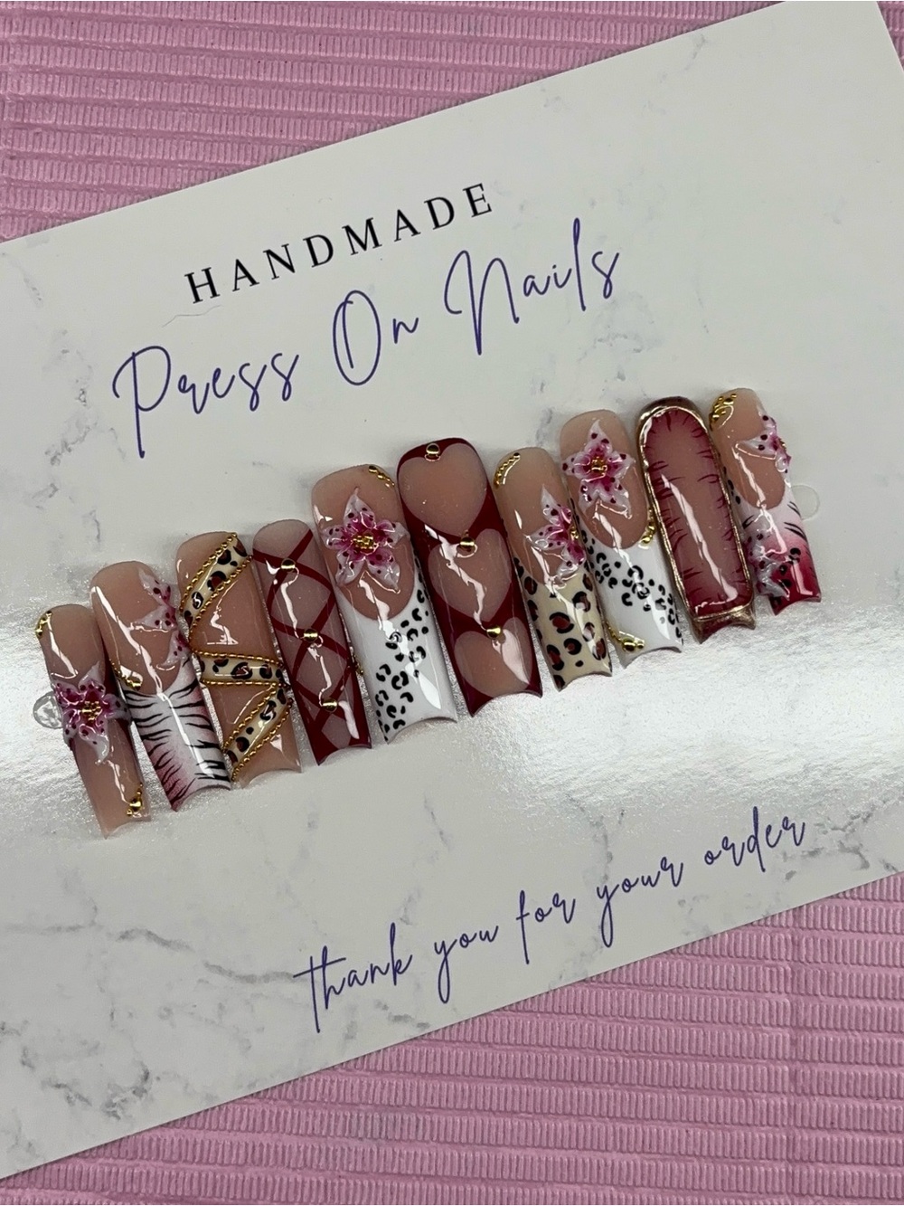 2XL square press on nails white French tips animal print burgundy gold 3d gel